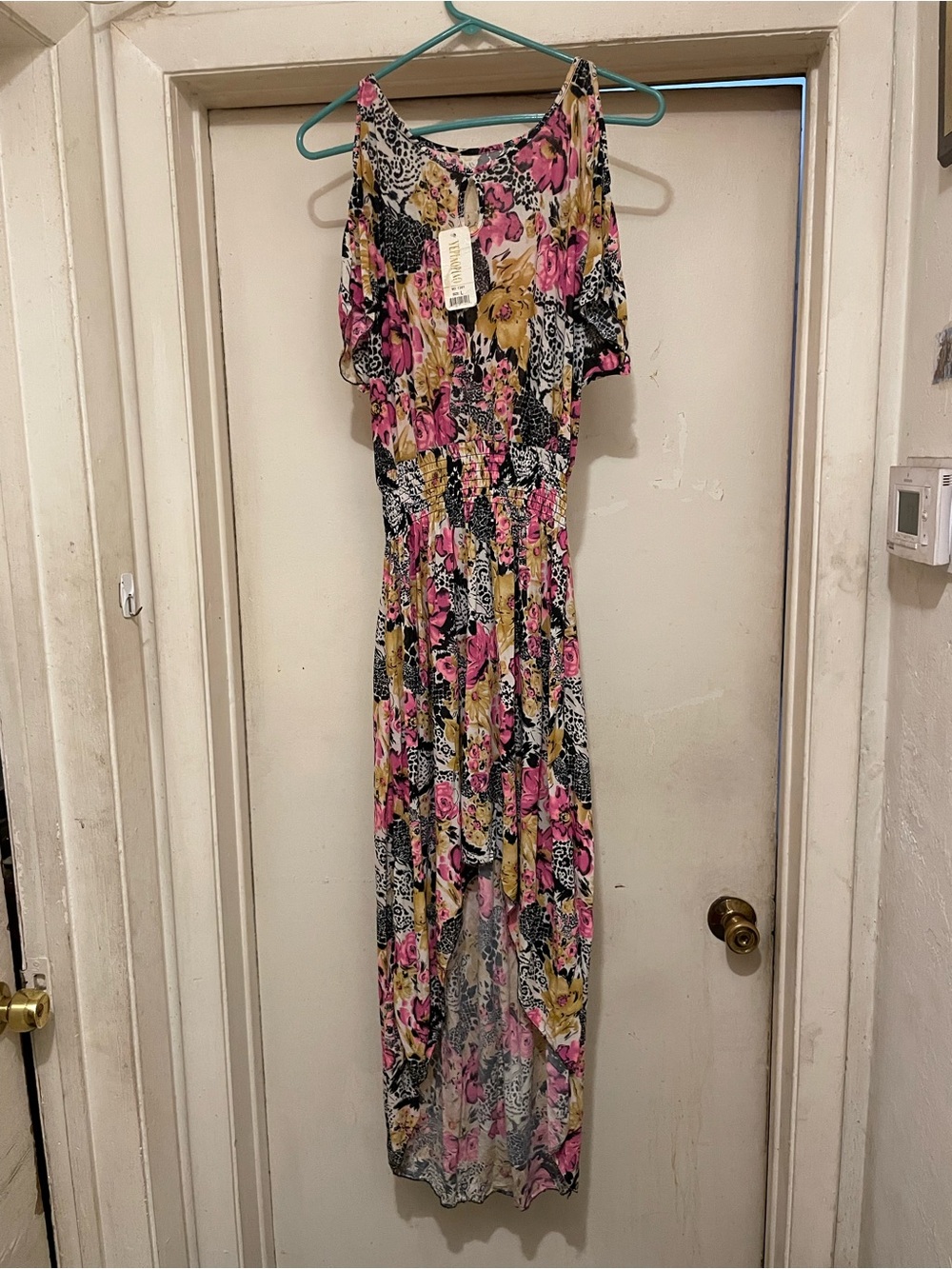VEPHACHIO Women’s L Floral Mesh Maxi Dress Smocked Waist Pink Black READ DESC